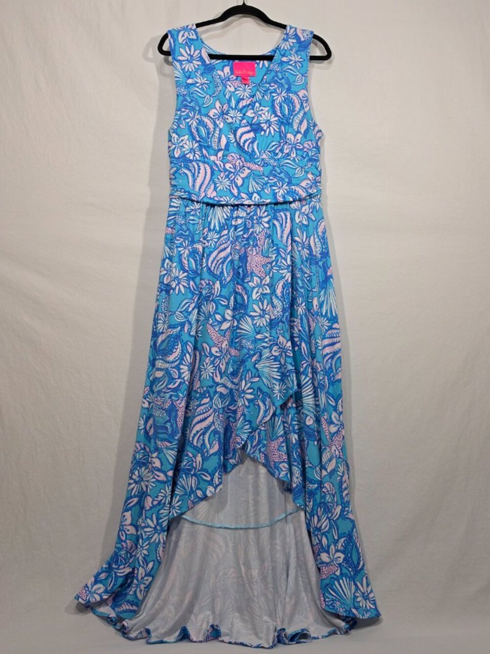 LILLY PULITZER Moana Bright Oceanic Printed Wrap High-Low-Hem Maxi-Dress Size L.